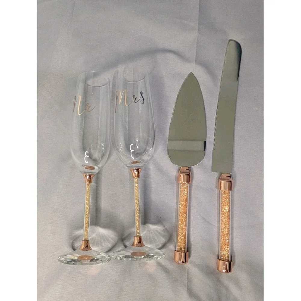 Mr Mrs Wedding Champagne Flutes Cake Knife Server Set Rose‎ Gold Glitter